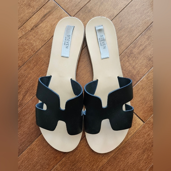 STEVEN New York Black Leather Slide Mule Sandals. Made in Italy. Size 10. - Picture 2 of 7